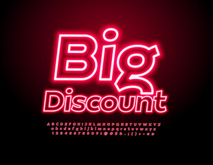Vector bright Neon Poster Big Discount.  Glowing Red Font. Elegant Alphabet Letters and Numbers.