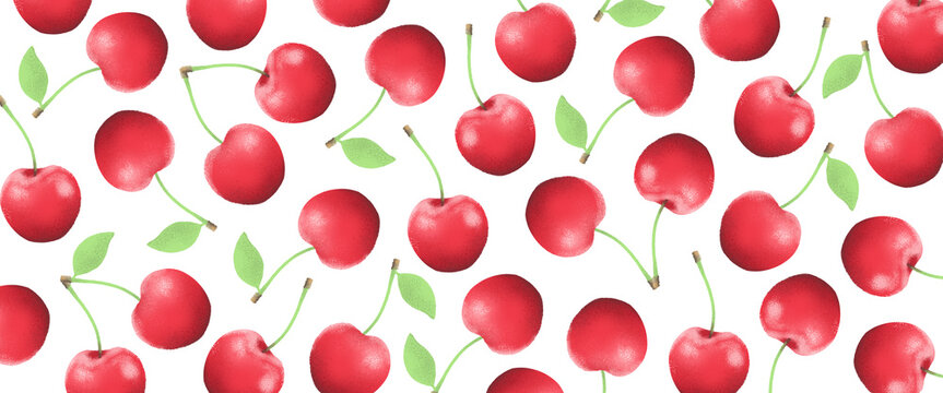 Horizontal, artistic, colorful, cherries banner illustration.