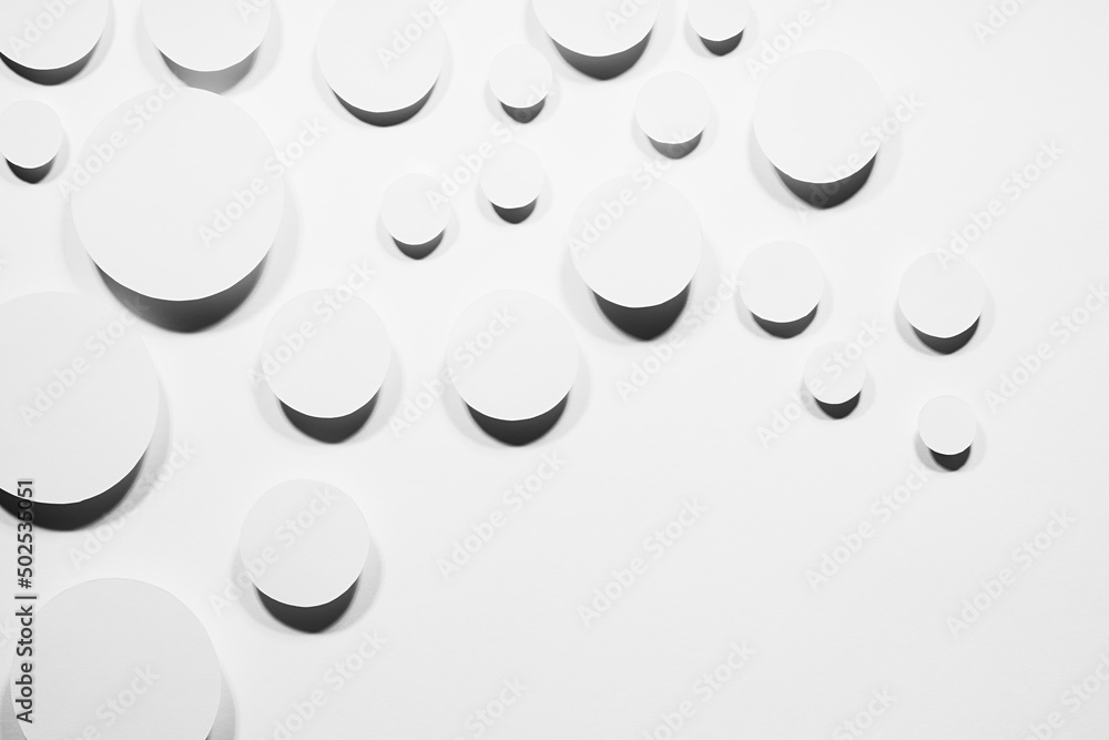 Poster energy abstract wave of white paper ovals different size in hard light with contrast black shadows, 