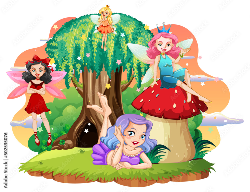 Poster isolated fantastic forests with beautiful fairies