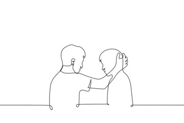 man stroking friend's head - one line drawing vector. the concept of empathy, brotherly love and care, emotional support and kindness, skinship