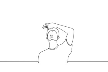 man stands looking up and covering his eyes with his palm - one line drawing of a vector. concept of looking at a lamp or the sun, at something bright and blinding