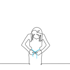 extremely thin woman measuring waist using a centimeter tape - one line drawing vector. concept sick with anorexia or eating disorder, hunger strike, strict diet - obrazy, fototapety, plakaty