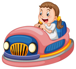 Little girl driving bumper car in cartoon design