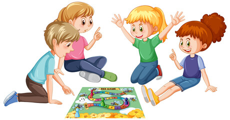 A children playing board game on white background