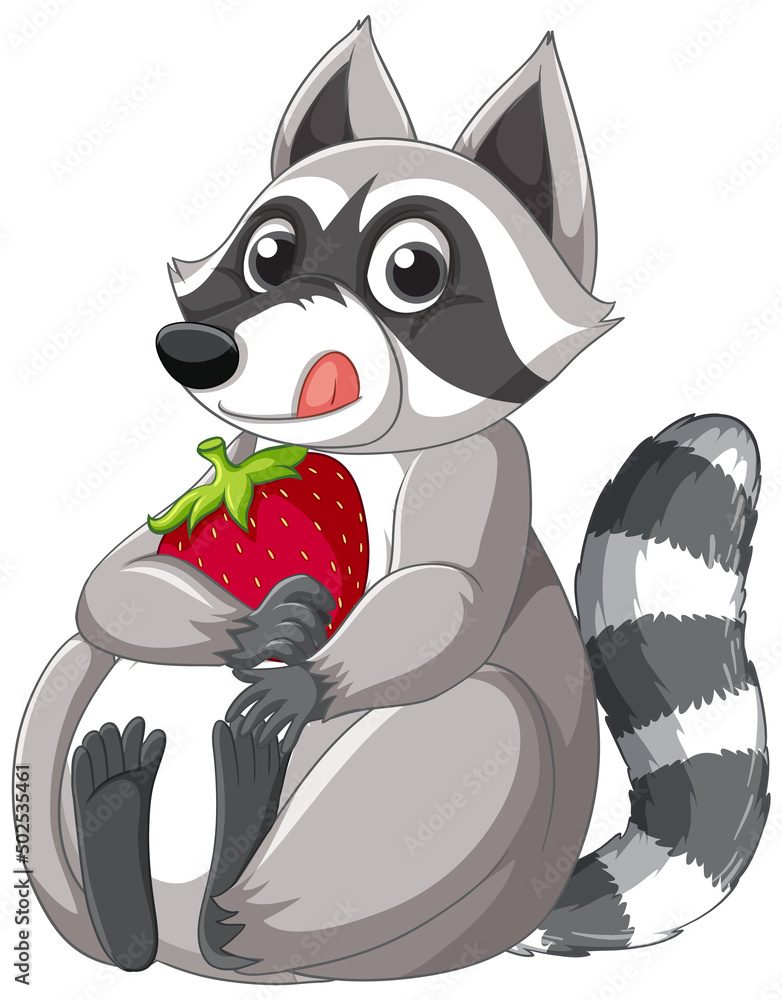 Wall mural cute cartoon raccoon sitting with strawberry on white background