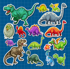 Sticker set of different dinosaur cartoon characters