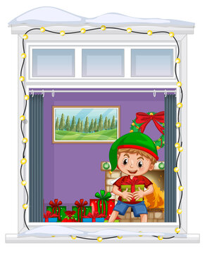 View through the window of cartoon character in Christmas theme