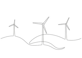 Wind mill, wind generator energy, single continuous line art drawing. Windmill tower save ecology green energy electricity. Hilly landscape with generate wind turbines. Vector one outline illustration