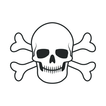 Skull and crossbones vector illustration. Poisom label. Pirate flag image. Human head skeleton icon.