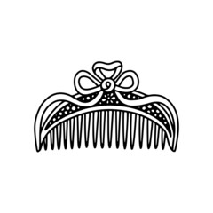 Curved hair comb. Vintage women's accessory. An object of femininity and hair ornament. Vector illustration hand drawn black on a white background.