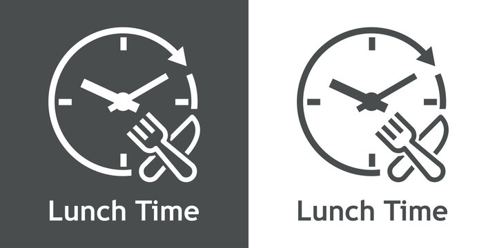Logotipo con texto Lunch Time con esfera de reloj simple con flecha girando con silueta de tenedor y cuchillo en aspa con lineas en fondo gris y fondo blanco