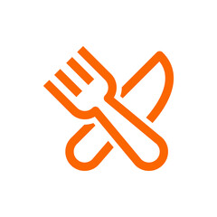 Logotipo restaurante. Icono plano silueta de tenedor y cuchillo en aspa con líneas en color anaranjado