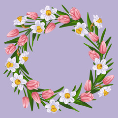 A wreath of pink tulips and daffodils