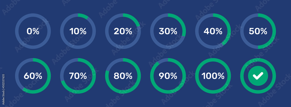 Poster Circle loading and circle progress collection. Set of circle percentage diagrams for infographics, 0 10 20 30 40 50 60 70 80 90 100 percent.