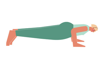 Vector concept with flat female character. Strong blonde woman learns posture with backbend and does Chaturanga Dandasana at yoga class. Fitness exercise for beginners - Four-Limbed Staff Pose