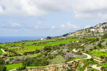Fototapeta na wymiar Beautiful spring nature landscape in Cyprus with the Mediterranean coast in the background