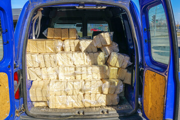 Packaged wood sawdust briquettes loaded in a car, biofuel with good heat output