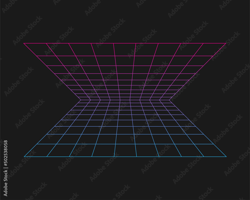 Poster cyber grid, retro punk perspective rectangular tunnel. grid tunnel geometry on black background. vec