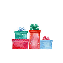 Gift boxes. Set of holiday elements. Watercolor illustration isolated on white.