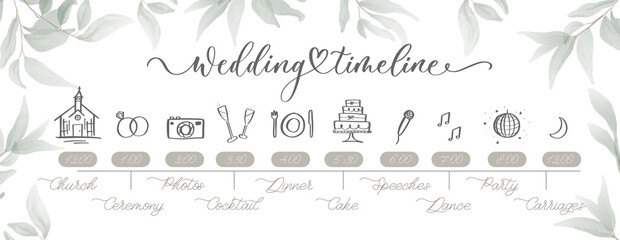 Wedding Timeline menu on wedding day with green watercolor botanical leaves. Abstract floral art background vector design for wedding and vip cover template.