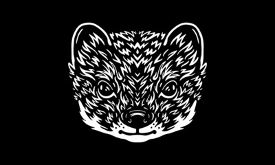 Weasel on dark background. Black and white vector illustration of a weasel. Portrait isolated.