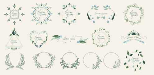 Wedding logos, hand-drawn elegant flower decorations. Hand drawn beautiful flower logo. Botanical trendy greenery vector illustration.
