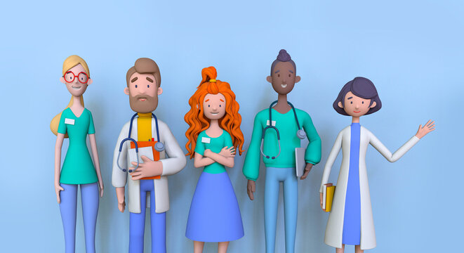 International doctor team, Hospital medical staff. Medical concept isolated on blue background, Bright portraits doctor and nurse 3D render.