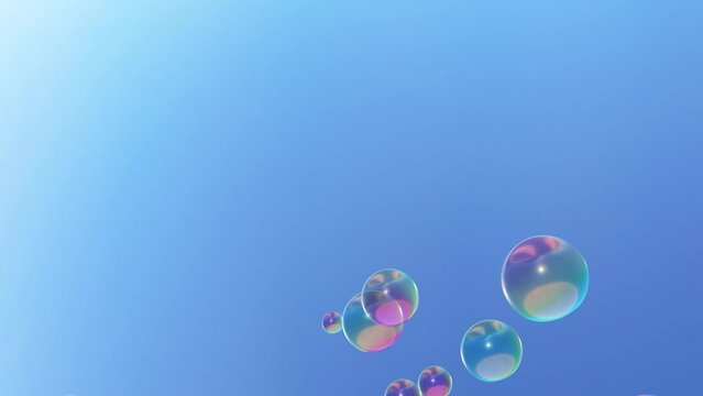 Soap bubble slow motion with clear blue sky. 3D rendering bubbles and blue sky animation