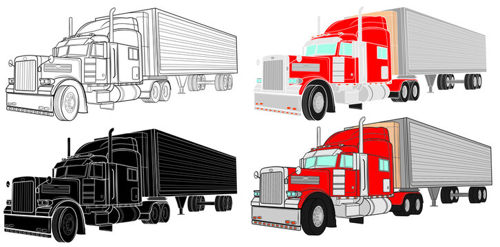 Set of Classic American Truck isolated on white background. Vector illustration.