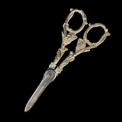 antique silver scissors with engraving. vintage hair clipper with flower pattern on black isolated...