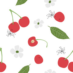 Vector cherry seamless pattern. Hand drawn illustration of summer fruit. Fresh design great for wallpaper, gift wrap, fabric.