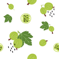 Seamless pattern with gooseberry on white background. Vector illustration of branch with berries and green leaves in cartoon flat style.