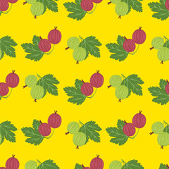 Seamless pattern with gooseberry on yellow background. Vector illustration of branch with berries and green leaves