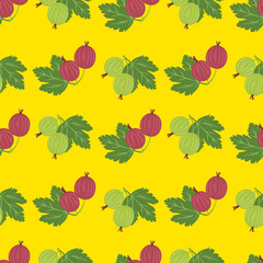 Seamless pattern with gooseberry on yellow background. Vector illustration of branch with berries and green leaves