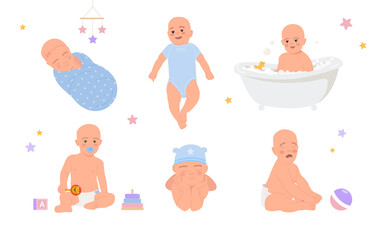 Set of cute newborn babies. Little boys sleeping. they play with toys, cry, crawl and bathe in bathroom. Beautiful smiling children. Cartoon flat vector collection isolated on white background