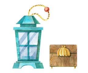 A set of a wooden casket and a wooden blue lantern. Decorative elements for boho style interiors. Hand drawn watercolor illustrations on a white background. Isolated. Cliparts for cards, stickers.