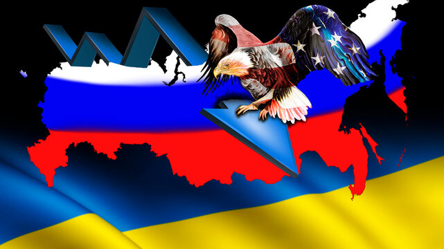 The American eagle is destroying the Russian economy. Stop the war between Russia and Ukraine. Solidarity with Ukraine. 3D image.