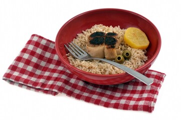 Paupiette de veau avec du riz, des olives vertes et une rondelle de citron servis dans une assiette sur fond blanc