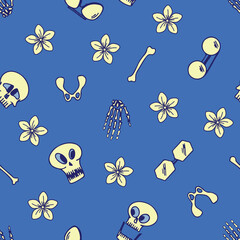 seamless pattern of skull, casket, hand bones, leg bones and flower on blue background. Vector Happy Halloween greeting card and trick or treat