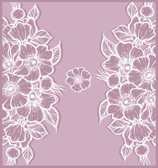 Vector illustration. Rosehip flowers, card for you, line art style, Handmade, background purple