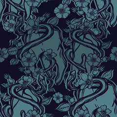 Vector illustration. Snake around the tooth, rose hips, print on t-shirt, line art style, dark background, seamless pattern, Handmade