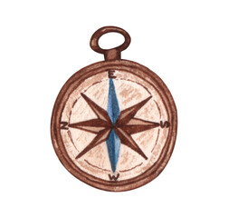 Old compass. Watercolor vintage compass isolated on white background