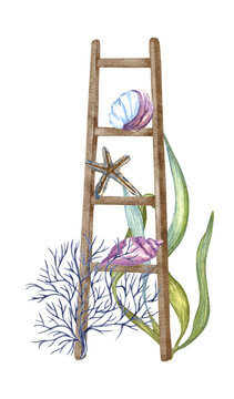 Watercolor illustration of the vintage wooden shelf, ladder and decorated with a lot of stuff in marine style. Nautical clipart.