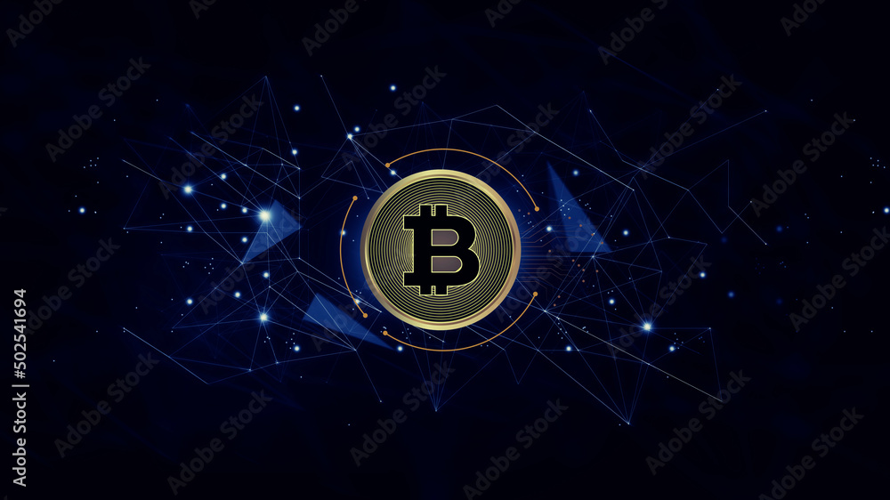 Poster abstract bitcoin interface in blue background with mockup place. cryptocurrency and finance concept.