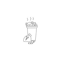 dumpster with garbage and waste. Vector black white contour line doodle illustration problem ecology and environmental pollution.
