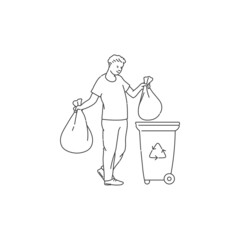 man sorting waste in bags. Vector black white doodle line illustration of solving environmental problems.