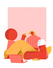 person playing phone lying on the ground with geometric shapes.