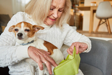 Old woman with a small dog looks in her purse