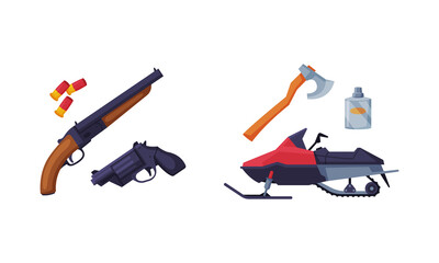 Fototapeta Pistol, Rifle and Snowmachine as Hunting Accessory Vector Set obraz
